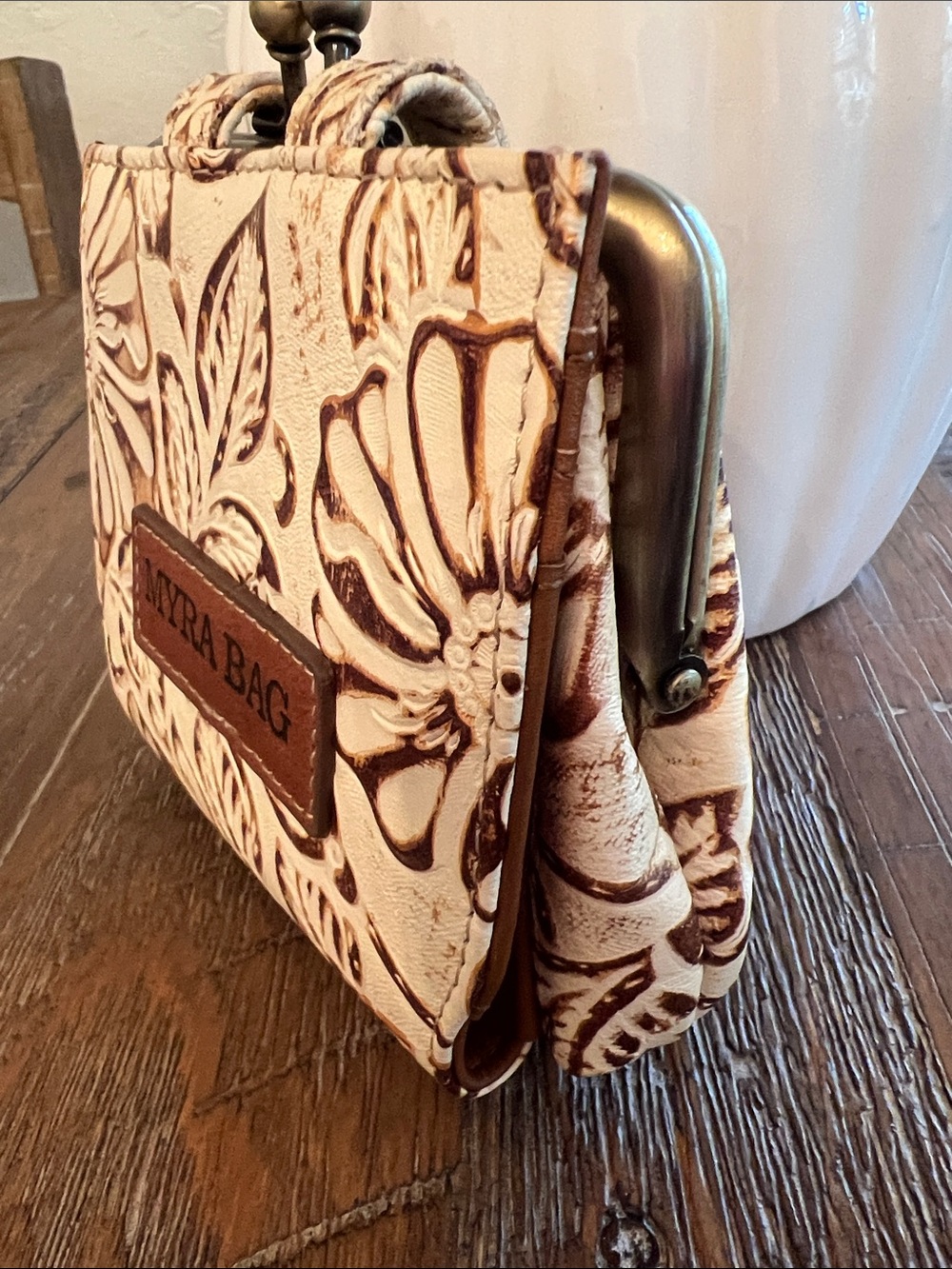 Myra Bag Cream and Brown Floral Embossed Coin Leather Wallet - Picture 4 of 9